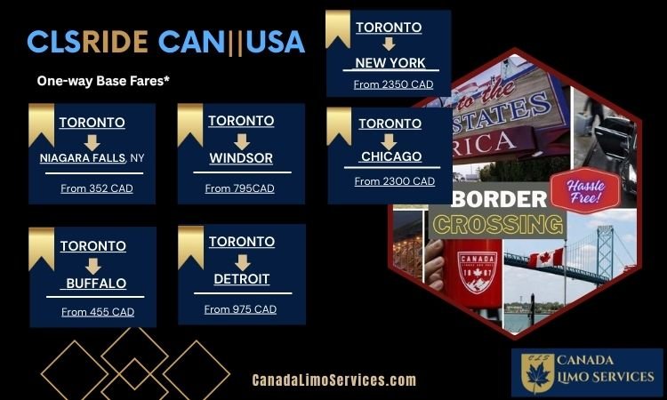  Ontario Canada Limo Special Rates and Prices for US-Canada Border Crossing: Limo Rate for New York, Limo Rate for Niagara Falls, Limo Rate for Windsor, Limo Rate for Chicago, and Limo Rate for Detroit, and Limo Rate for Buffalo 